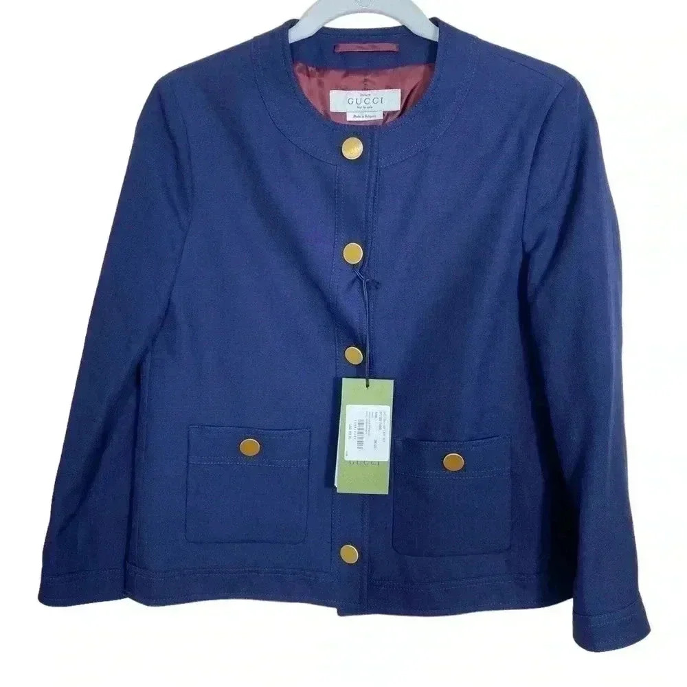 Gucci Navy Blue Collarless Wool Blend Blazer with Gold Buttons